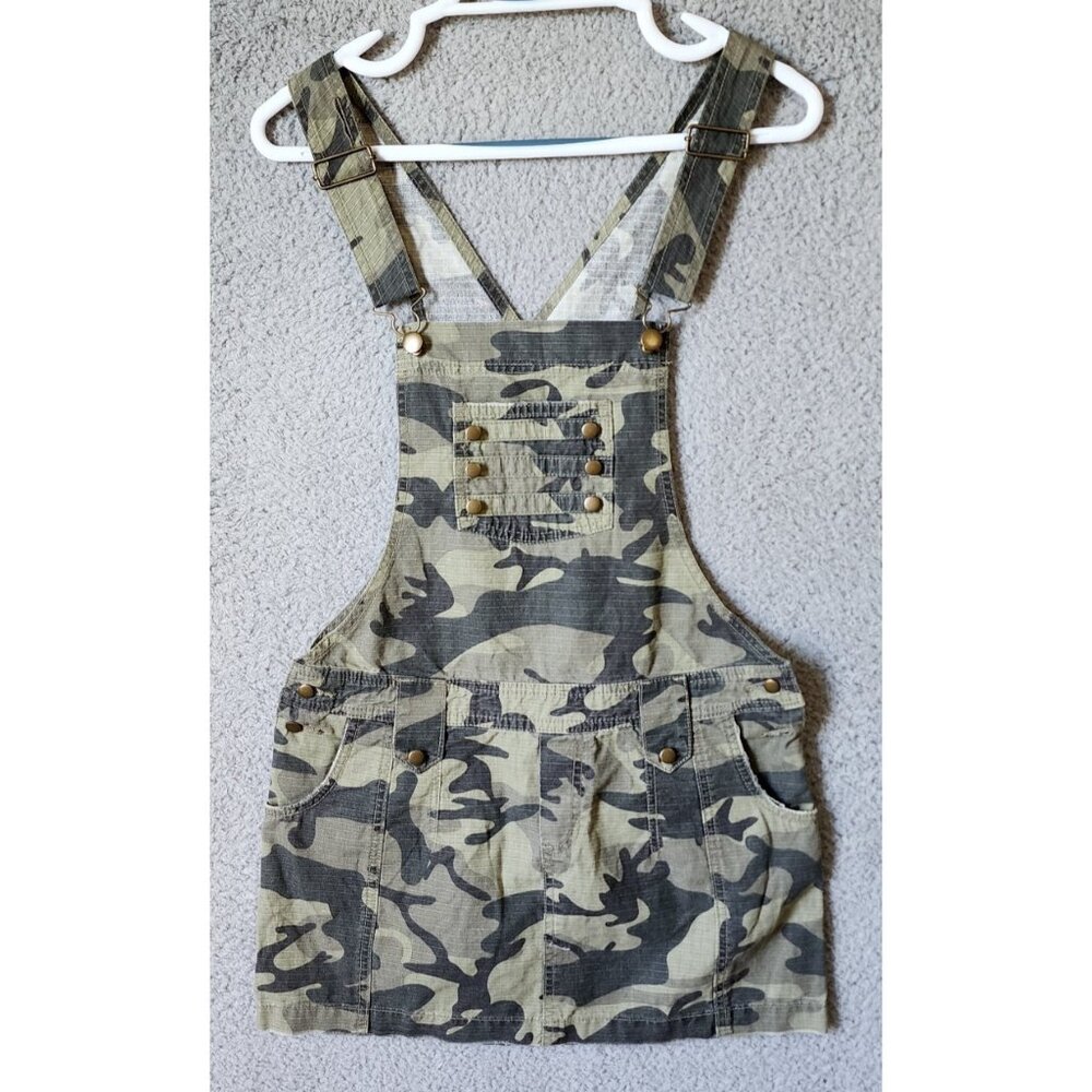 SO Y2K Juniors Size 7 Overall Mini Dress Green Camouflage Ripstop Button Accents